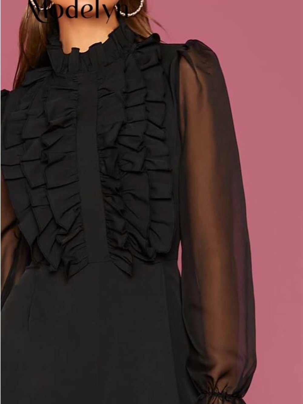 ✨Elegant Black Shear Ruffle Long Sleeves -Wide Leg Jumpsuit✨ - Picture 2 of 5